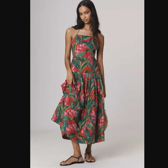 XL Farm Rio Anthropologie linen blend Dream Garden strappy drop-waist midi dress - Picture 1 of 11